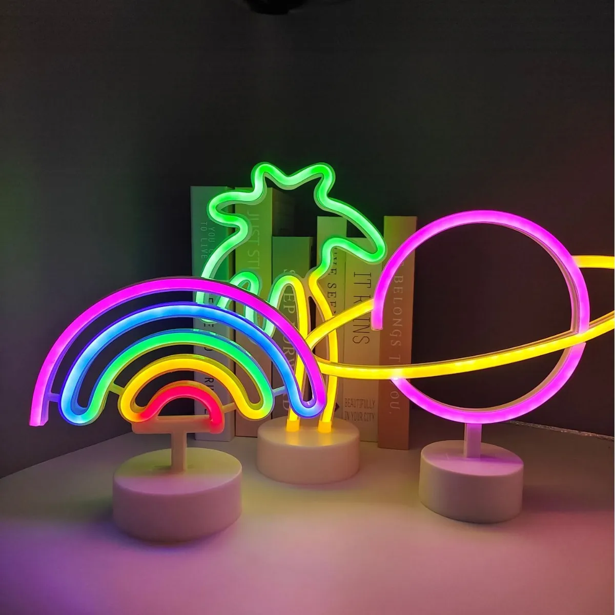 led neon light lightning planet rainbow shape lamp creative table lamp layout ni